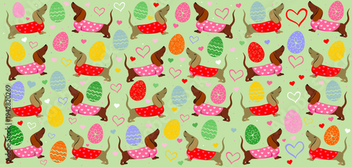 Happy Easter! Easter egg seamless pattern. Children's seamless pattern with Dachshund dogs on green background in cartoon style. Good for textile fabric design, wrapping paper, website wallpapers