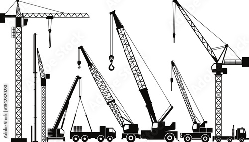 Construction crane silhouettes set isolated on white background, tower and mobile lifting cranes for building engineering industry design