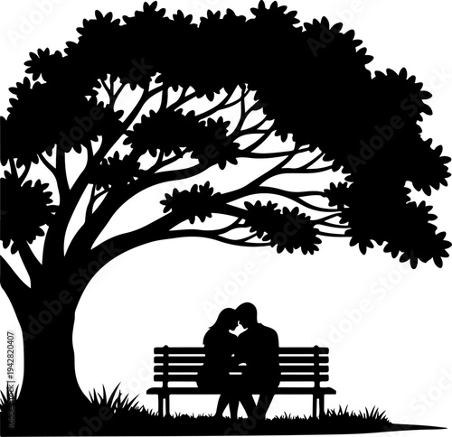 Romantic couple sitting on a park bench silhouette vector illustration
