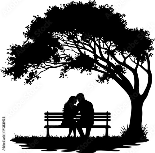 Romantic couple sitting on a park bench silhouette vector illustration