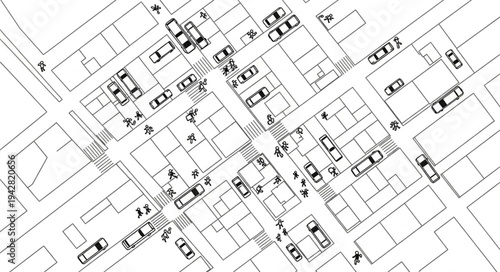 Aerial View of City Streets with Buildings and Cars.