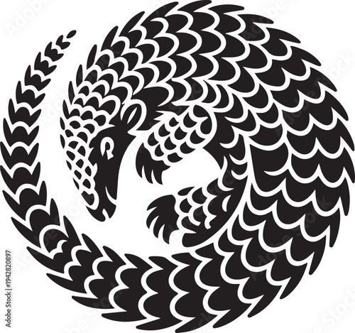 Black Pangolin Curled in Circle Silhouette Icon