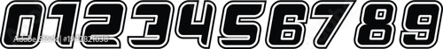 Sport style number font set from zero to nine for racing and gaming design. Bold outlined digits with dynamic italic look for scoreboard, jersey, and speed themes. Modern vector typography 