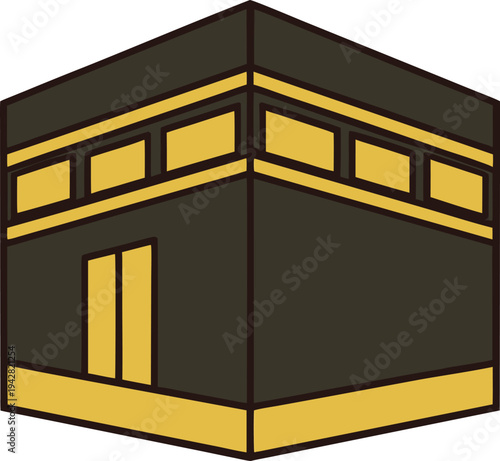 A graphic illustration of the Kaaba, a sacred cube-shaped building in Mecca.