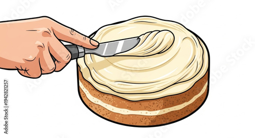 Hand Spreading Frosting on Cake.