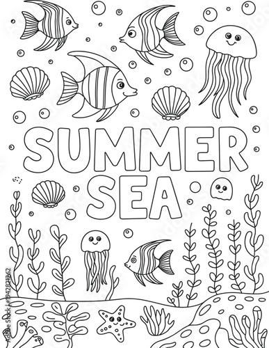 Black and white summer sea coloring page with fish and jellyfish