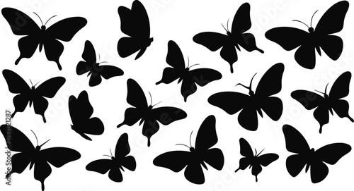 Scattered Black Butterfly Silhouettes on White Background