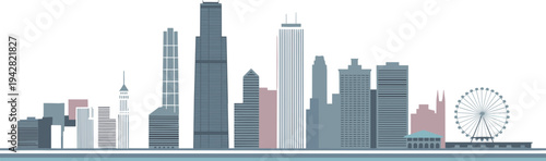 Stylized city skyline illustration with skyscrapers, domed building, Ferris wheel, modern architecture, muted blue gray pink urban design art