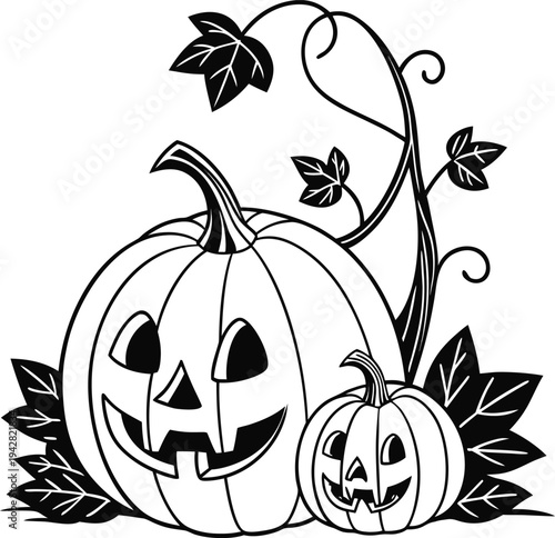 Halloween jack-o-lantern pumpkins illustration with autumn leaves