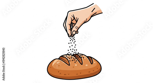 Hand sprinkling salt on bread loaf.