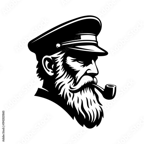 Hombre maduro con gorra de capitán. Dibujo de viejo marinero con barba larga fumando en pipa