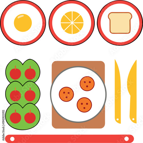 A colorful illustration of a breakfast plate with eggs, toast, and fruit