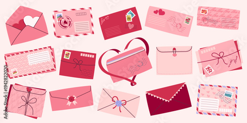 A collection of pink and red romantic love letters and envelopes for Valentine's Day