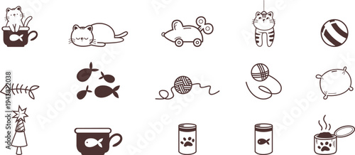 Cute cat and pet toy icons for playful animal and kitten themes. Minimal outline and solid symbols including yarn ball, fish, cup, and toy car. Adorable vector graphics for pet shops, stickers, 