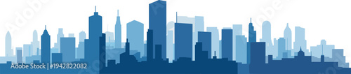 Stylized city skyline silhouette illustration with layered blue skyscrapers, gradient architecture, modern urban design, creative metropolitan art
