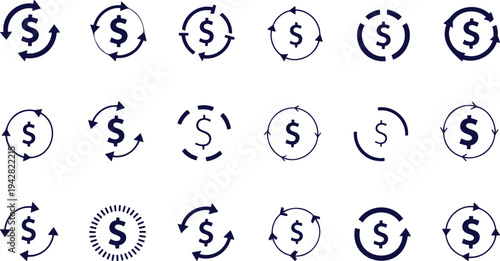 Many blue icons showing dollar signs surrounded by circular arrows representing money flow