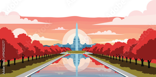 Washington DC National Mall illustration with Washington Monument, reflecting pool, autumn trees, Capitol building, dramatic sunset sky, iconic American landmark