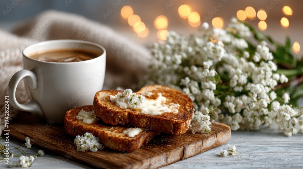 Fototapeta premium A serene breakfast scene featuring buttered toast accompanied by a warm cup of coffee, adorned with delicate flowers, radiating comfort and homeliness in a cozy atmosphere.