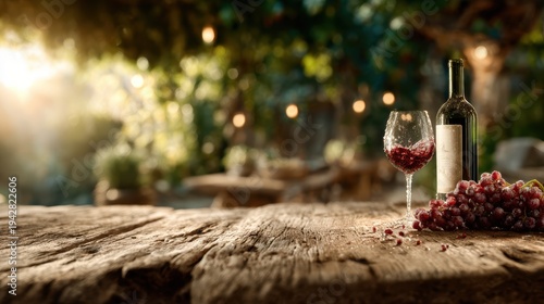 This image features a glass of red wine next to a bottle and fresh grapes on a rustic wooden table, evoking warmth and conviviality in a beautiful outdoor setting.