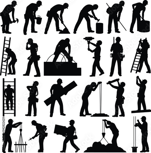 Collection of construction worker silhouettes performing building activities including hammering drilling digging ladder work measuring carrying materials and engineering tasks isolated on white