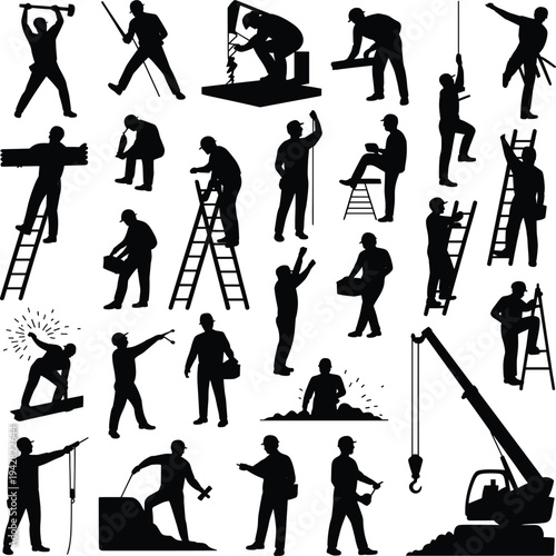 Collection of construction worker silhouettes performing building activities including hammering drilling ladder climbing welding crane lifting carrying tools and manual labor isolated
