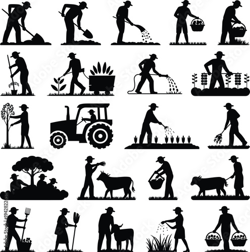 Collection of farmer silhouettes performing agriculture activities including planting watering harvesting feeding animals using tractor and gardening isolated on white background set