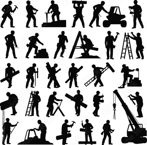 Collection of construction worker silhouettes performing building activities including hammering drilling ladder work carrying materials crane operation measuring and manual labor isolated on white