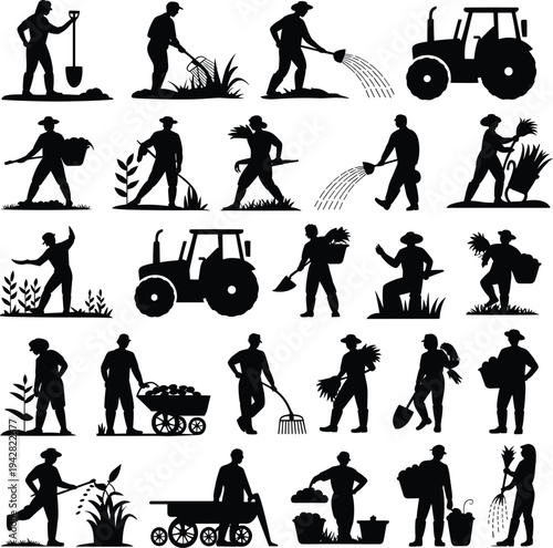 Collection of farmer silhouettes performing agriculture farming activities including digging planting watering harvesting carrying crops using tractor and tools isolated on white background