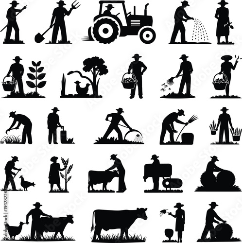 Collection of farmer silhouettes performing agriculture farming activities including planting watering harvesting caring animals using tractor tools and rural lifestyle work isolated on white