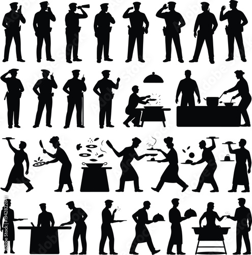 Collection of police officer and chef silhouettes showing law enforcement security cooking serving food restaurant kitchen activities isolated on white background profession concept