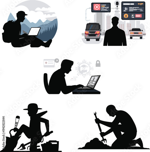 Collection of people silhouettes showing modern professions and activities including remote worker surveillance monitoring gardener repair technician and outdoor laptop user isolated