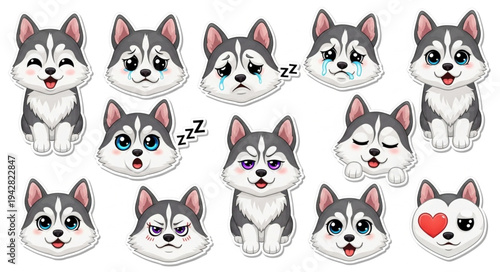 Collection of Cute Husky Dog Faces Expressing Various Emotions.