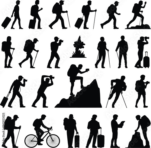 Collection of traveler and hiker silhouettes showing trekking climbing photography cycling and adventure activities with backpack luggage camera and walking stick isolated on white