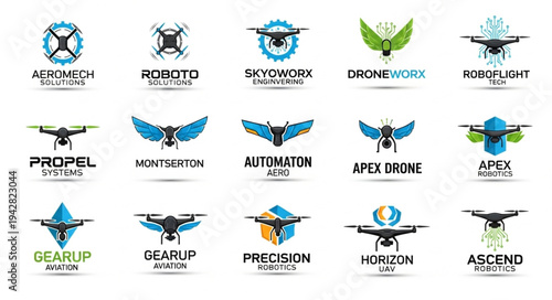 Collection of drone logos and icons for technology companies.