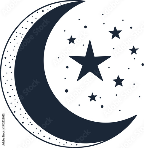 A stylized illustration of a crescent moon with stars and dots on a white background