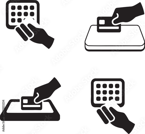 Solid black icons depicting hands interacting with payment terminals and credit cards
