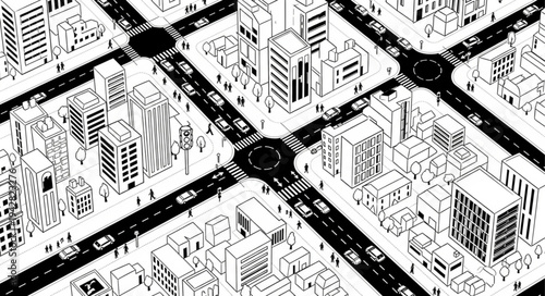 Aerial view of a busy city intersection with traffic and buildings.