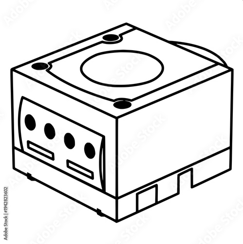 “Minimal monochrome outline drawing of a retro arcade gaming cabinet with joystick, round control buttons, coin slot and screen frame, simple coloring page style.”