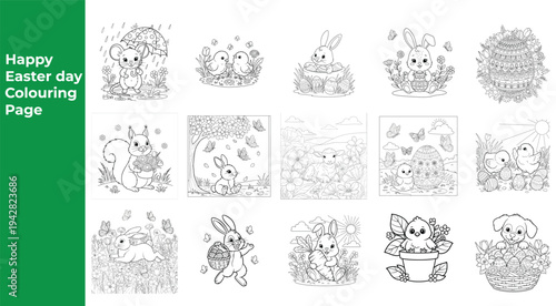 Happy Easter Day Coloring Pages Bundle, Vector Illustration