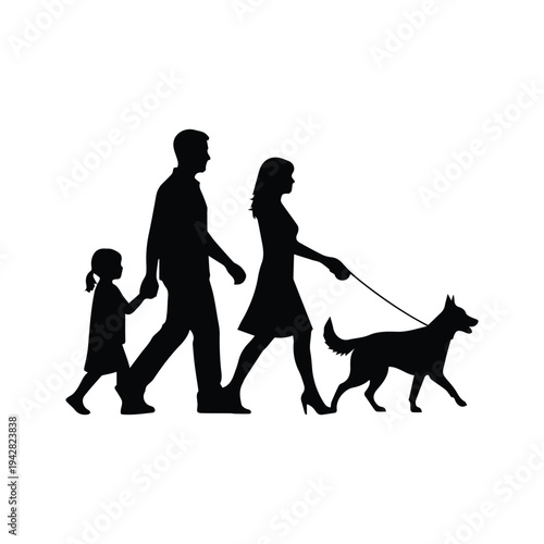 Silhouette of a family walking a dog on a leash, parents and child together outdoors, representing lifestyle and companionship