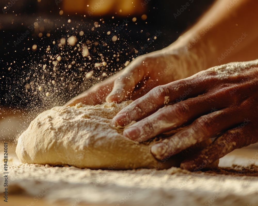 Obraz premium Close up of hands kneading soft Easter bread dough on neutral kitchen surface for culinary blog