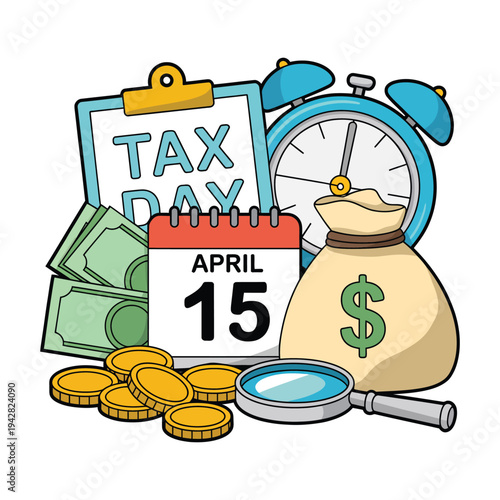 An illustration of tax day on April 15 with money and calendar
