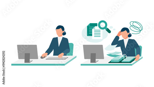 Split view of a professional woman successfully completing tasks on a desktop and a frustrated female office worker feeling lost in stacks of paper documents