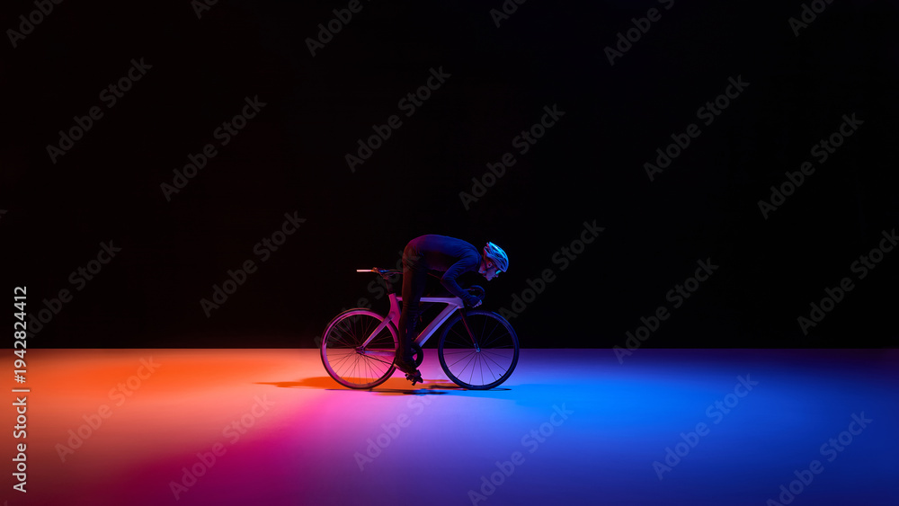 Naklejka premium Road cyclist in aerodynamic position on dark background with copy space. Concept of speed optimization, sports technology, insurance protection, fintech performance and modern brand communication.