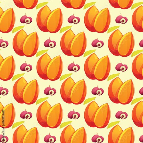 Colorful patterned illustration of ripe peaches and lychees on a light background.
