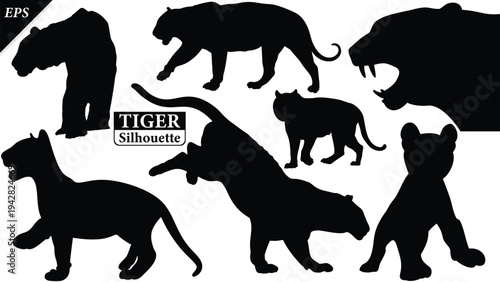 Black silhouette of tiger isolated on white background, Beautiful tiger vector design, standing tigers, tigers silhouette vector illustration, vector. Black Camel Silhouette vector illustration