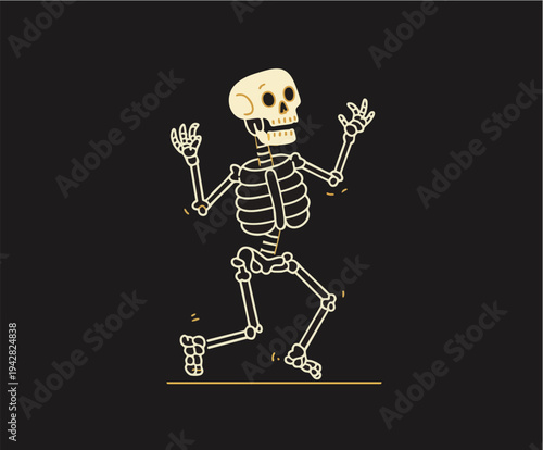 Cartoon skeleton dancing with joy on a dark background, a fun illustration