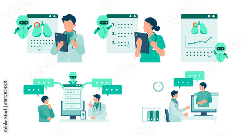 AI powered medical illustration set showing diagnosis support, patient data analysis, telemedicine, clinical documentation and efficient healthcare workflow for modern digital hospitals