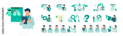 AI powered medical illustration set featuring diagnosis support, patient data analysis, telemedicine and male and female doctors with AI robot assistant in various scenes.