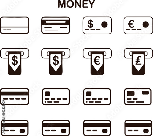 A grid of black and white icons showcasing credit cards, ATM money withdrawal slots, and international currency symbols